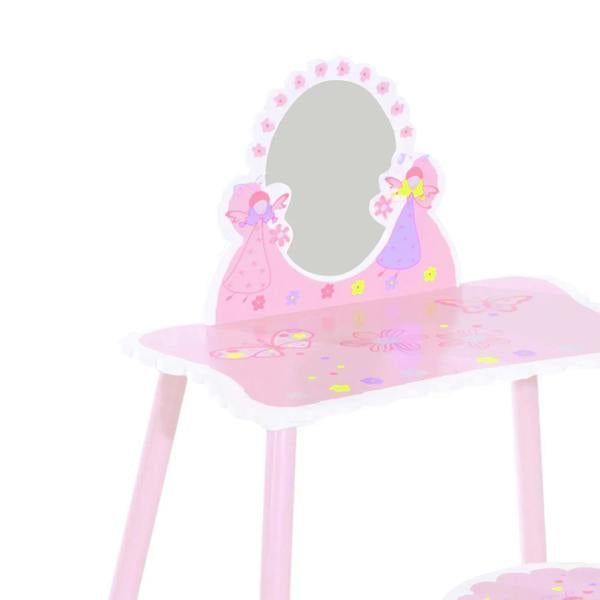Pink kids dressing table with oval mirror, fairy figures and colorful vanity pattern