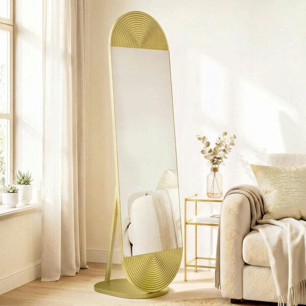 50 x 161 cm Wavy Full Length Mirror, Free Standing Mirror with Metal Frame and Solid Base, Gold Tone - Gold Tone