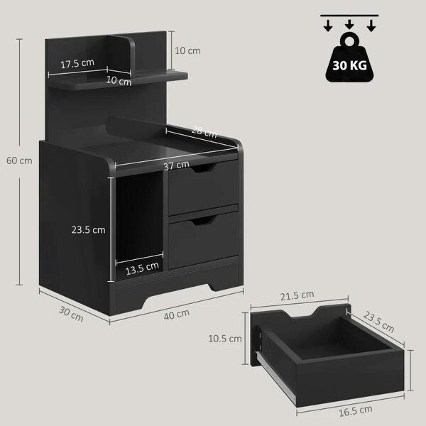 Bedside Table, Small Bedside Cabinet with 2 Drawers and Storage Shelves for Bedroom, Black Wood Effect