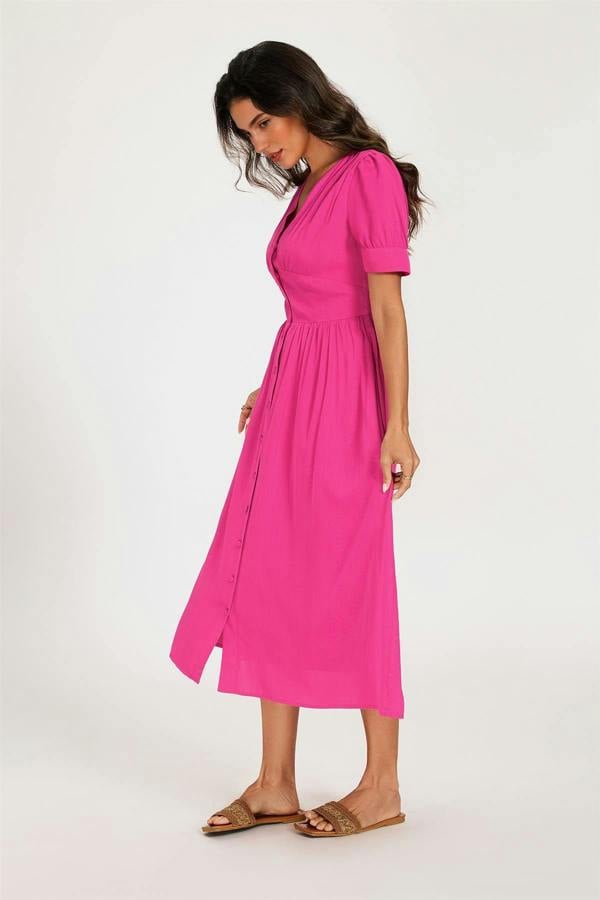 FS Collection Button Front Short Sleeve Midi Dress In Hot Pink
