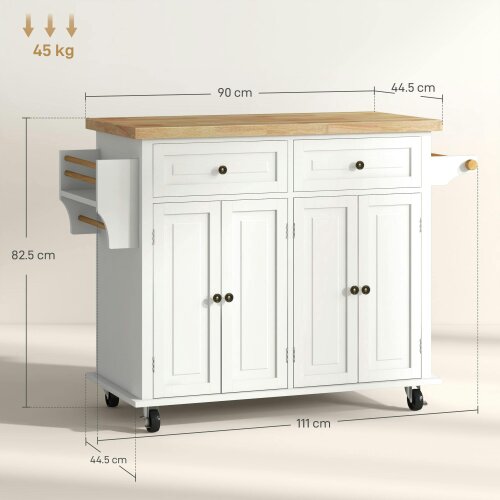 Wyld Haus Vivali Rubberwood And Wooden Cream White Rolling Kitchen Island With Drawers And Storage