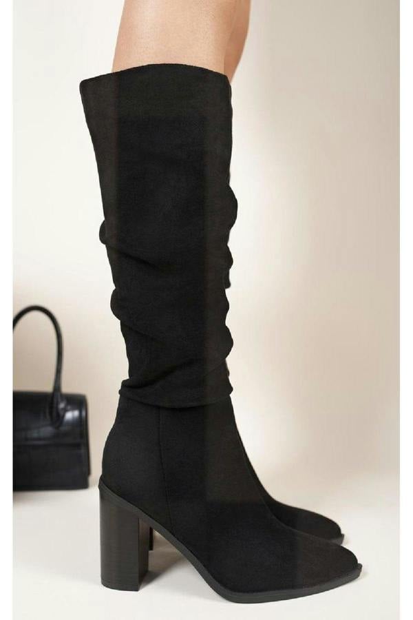 Anaya Knee High Block Heel Boots With Side Zip Closure - Black