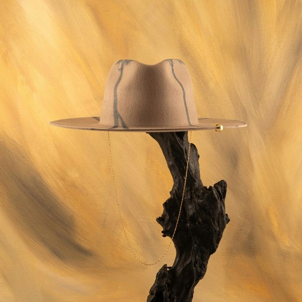 Shaded The Label Zennor Beige Painted Wool Fedora Hat with Sterling Silver Jewellery