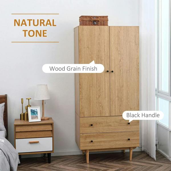 Natural tone wood wardrobe with two doors, wood grain finish, black handles