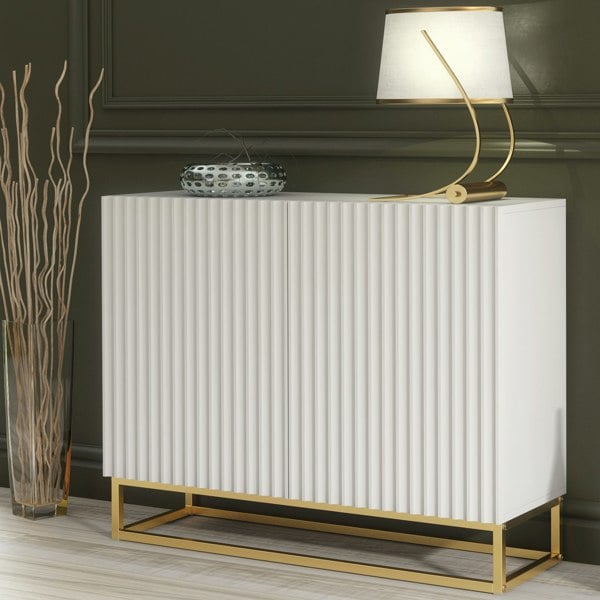 Mex Furniture Graceful White Sideboard with Fluted Fronts & Gold Legs – 100cm Storage Unit