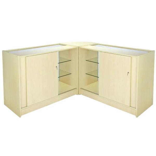 Horizon Maple Shop Counter & Retail Display Set in light maple finish, featuring glass shelves and sliding doors for easy access