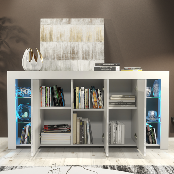Mex Furniture Exclusive 164cm High Gloss White Sideboard TV Cabinet & Free LED Lights Modern Design