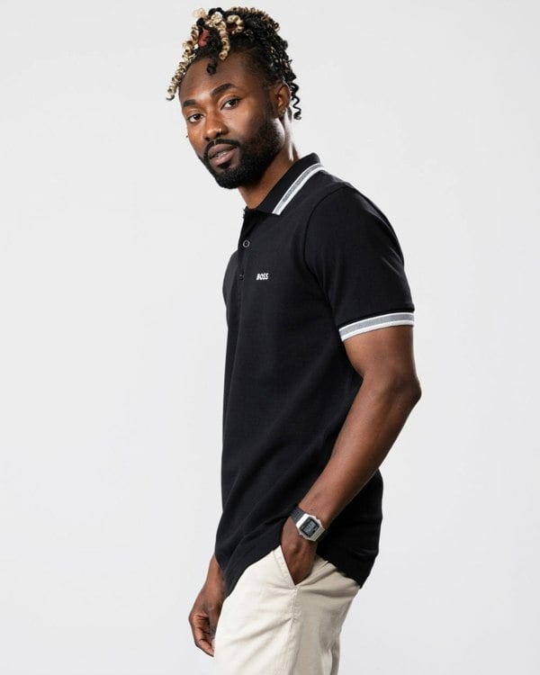 BOSS Green Paddy Mens Cotton-Piqué Polo Shirt with Contrast Logo - Black 001
