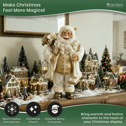 Standing Father Christmas Figure with Sack of Presents, White Santa Style Decoration, Free Standing Festive Ornament, 60cm Tall