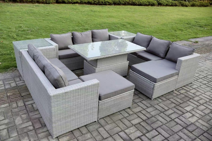 Fimous Rattan Outdoor Garden Furniture Set with Height Adjustable Table, 3 Sofas, 2 Side Tables, 2 Footstools - 11 Seater - Light Grey