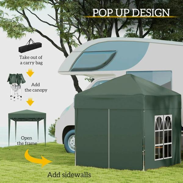 Green pop-up gazebo with roof and partially attached sidewalls; frame setup view