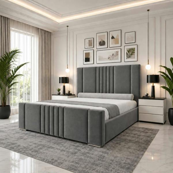Paradise Beds Luxury Panel Upholstered Bed Frame with Tall Headboard and Mattress