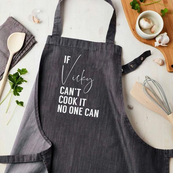 Personalised Denim 'Can Cook It' Apron - close-up detail
