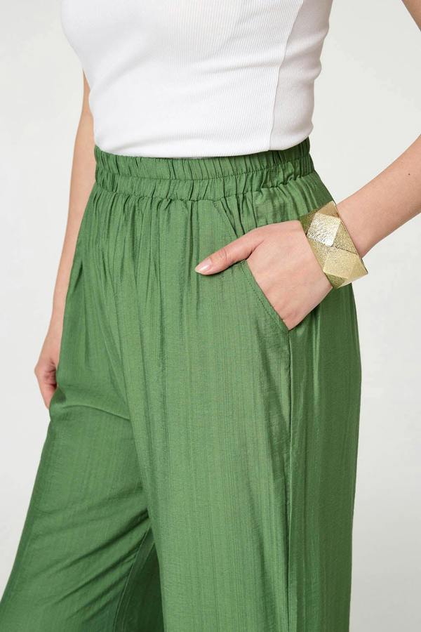 Khaki | Elasticated High Waist Wide Leg Trousers