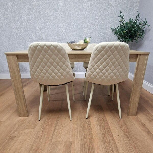 Kosy Koala Oak Effect Wood Dining Table with 4 Cream Gem Pattern Faux Leather Chairs