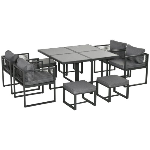 Wyld Haus Sekalu Grey 8 Seater Grey Rattan Rope and Aluminium Outdoor Dining Set With Glass Top Table