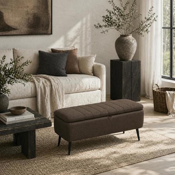Wyld Haus Mahano Linen Look Dark Brown Rectangle Storage Ottoman