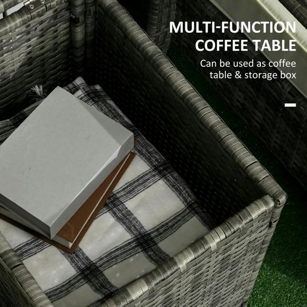 Gray wicker storage coffee table with hinged lid open, revealing storage compartment