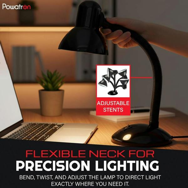 Powatron Flexible Desk Lamp with Bulb Adjustable Neck Metal Construction On/Off Switch & 1.5m Cable W/BS Approved Plug Mains Powered Desk Lamps