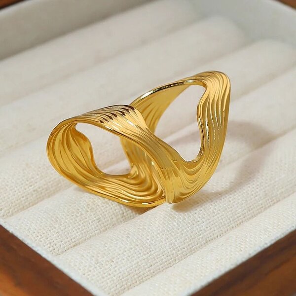 The Colourful Aura Textured Wave Adjustable Ring Open Statement Band (Gold/Silver) - Gold - Gold