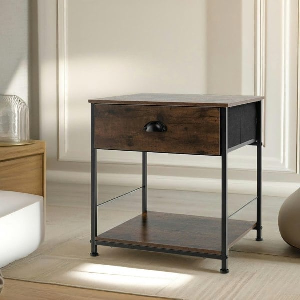 Rafaelo Mobilia Set Of 2 Industrial Bedside Nightstand Tables With Drawer Brown