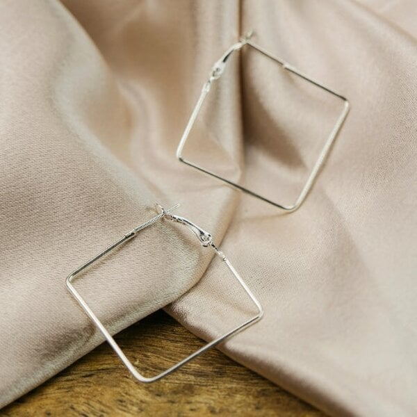 The Colourful Aura Black Small Thin Dainty Bar Threader Large Square Geometric Hoop Earrings