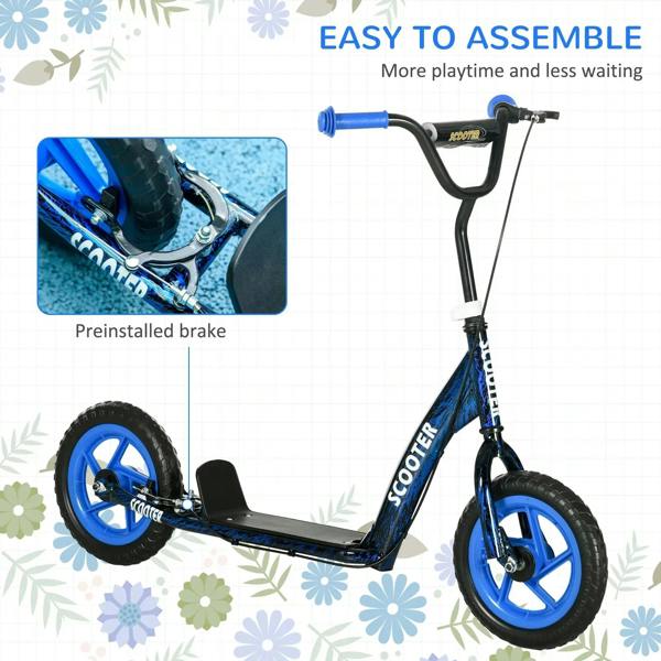 Blue kids kick scooter with black deck, blue grips, rear brake and kickstand