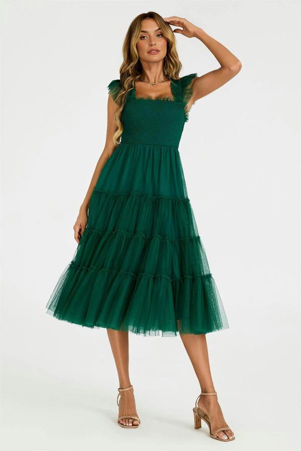 FS Collection Sleeveless Smocked Ruffle Tulle Dress In Forest Green