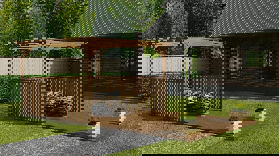 Rectangular pergola and decking kit with balustrade, made from pressure treated timber and high quality pergola posts, featuring a raised wooden deck, vertical slatted balustrade, and an open pergola roof frame.