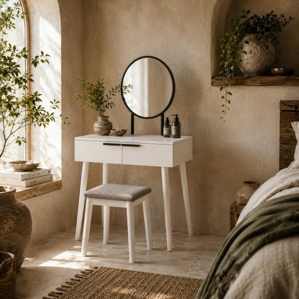 Wyld Haus Comika White Dressing Table And Stool Set With Round Mirror 2 Drawers 60 x 40 x 123cm