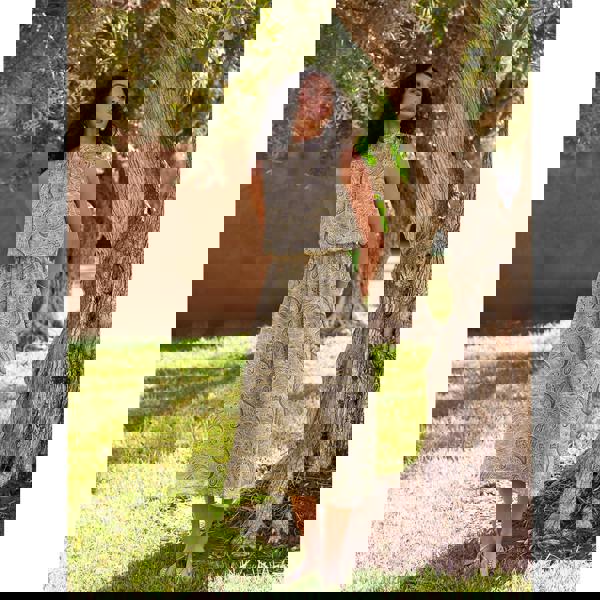 Blue Vanilla Paisley Print Rhinestone High Neck Midi Dress