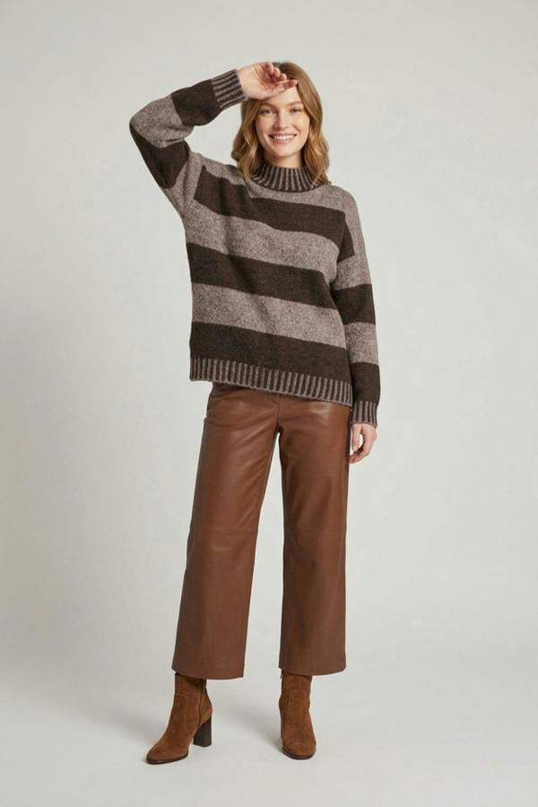 Chocolate | Striped Drop Shoulder High Neck Jumper