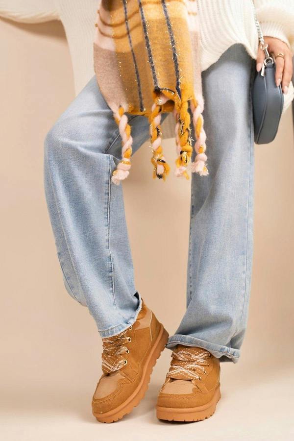 Leiza Chunky Lace Up Faux Fur Trainers - Camel