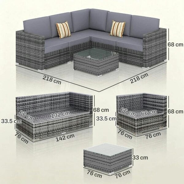 Bobobiy Luxury 5 Seater Rattan Garden Set, 4 Pieces Outdoor Patio Conversation Set with Wide Seats, 220gsm Polyester Cushions, Grey