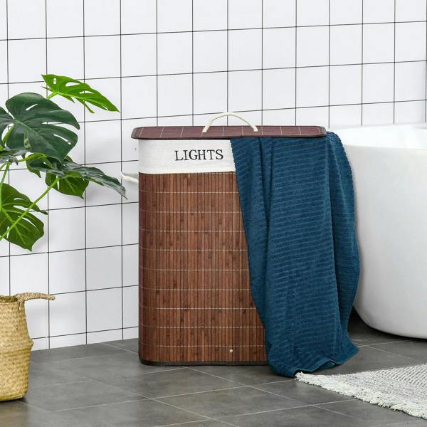 Brown laundry hamper with lid and side handle; blue cloth draped over the top.