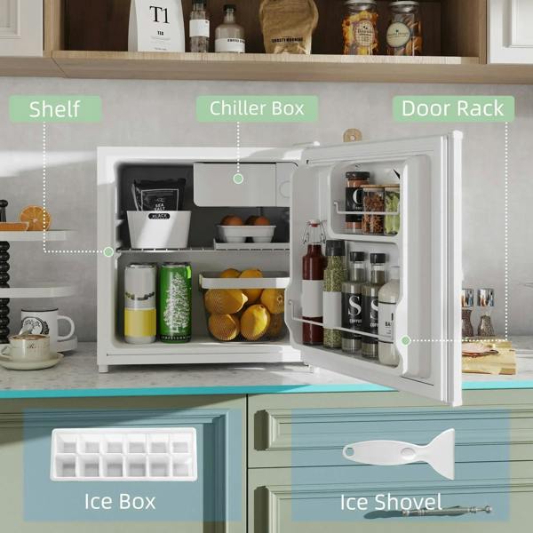 Cream mini fridge with door open, interior shelves, door rack, and ice box section