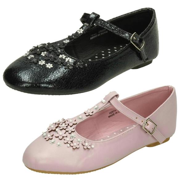Spot On Girls Spot On Flat T-Bar Flower Trim Shoes