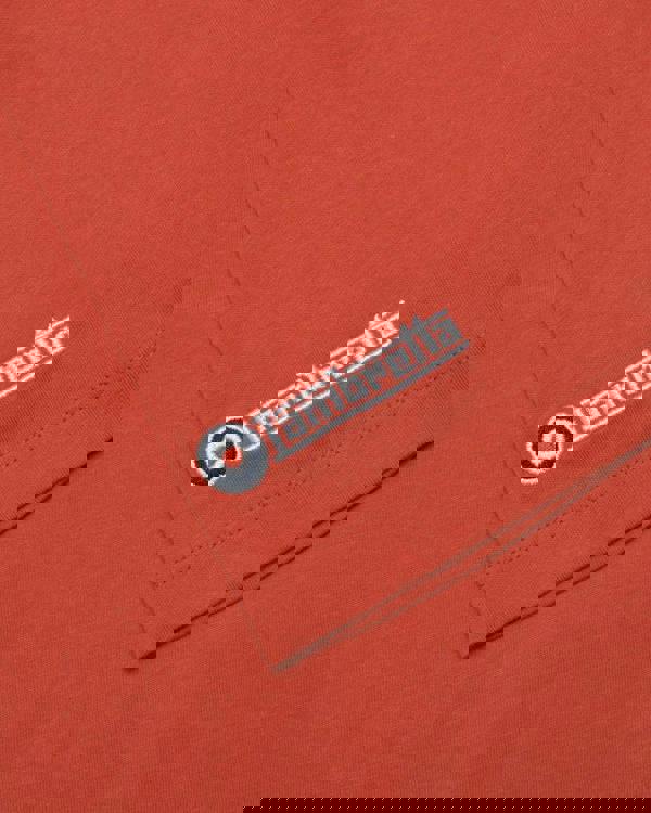 Lambretta Mens Scooter Helmet Graphic Mod Ska Casual T-Shirts, close-up of the sleeve with embroidered Lambretta logo on orange fabric.