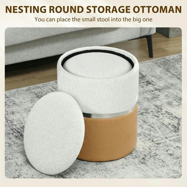 Nesting Round Ottoman with Storage Set of 2 - Cream/Brown