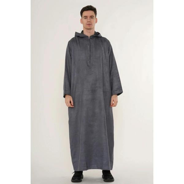 HM12 - Men's Hooded Suede Emirati Omani Zipped Thobe - Grey - Thobez - 18