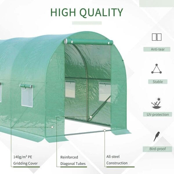 Bobobiy 4 x 2 m Polytunnel Greenhouse with Roll-up Door and 6 Mesh Windows, Green, 4 x 2 x 2 m