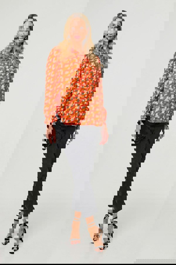 Orange | Printed Tie Neck Long Sleeve Blouse

