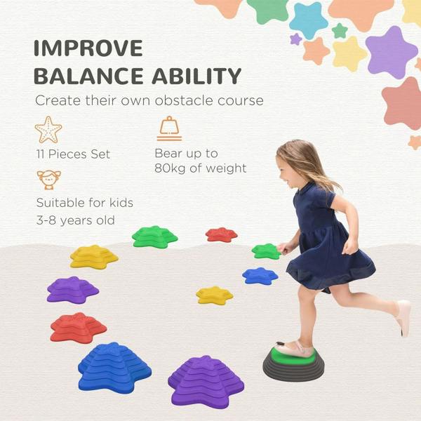 Multi-color starfish stepping stones set with a child balancing on one.