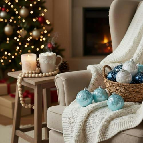 8cm Glass Christmas Baubles Set, Blue and White, 12 Pack with 3 Assorted Designs image 7