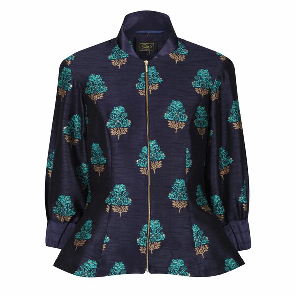 Lioness by TF Aquamarine Embroidered Raw Silk Fitted Jacket Blouse