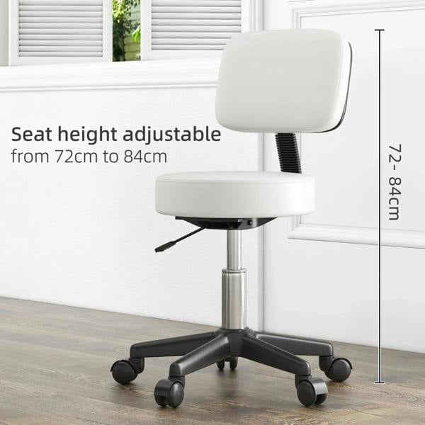 White adjustable swivel salon chair with padded seat and backrest, casters on floor.