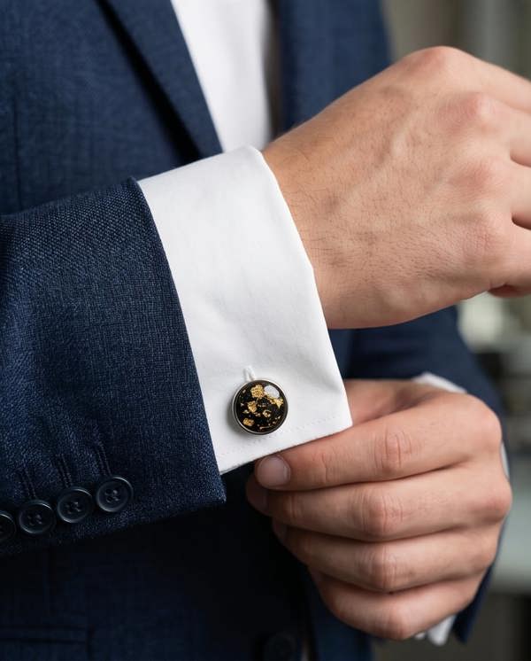 Close-up of a person adjusting a cufflink on a navy suit with a blurred background