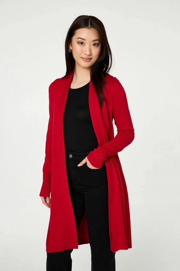 Red | Open Front Longline Relaxed Cardigan: Model is 5'9"/175 cm and wears UK8/EU36/US4/AUS8