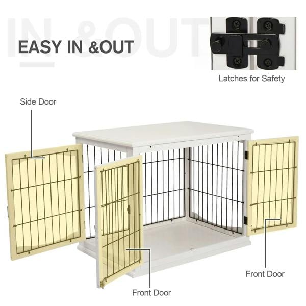 White dog crate with side and front doors open and safety latches