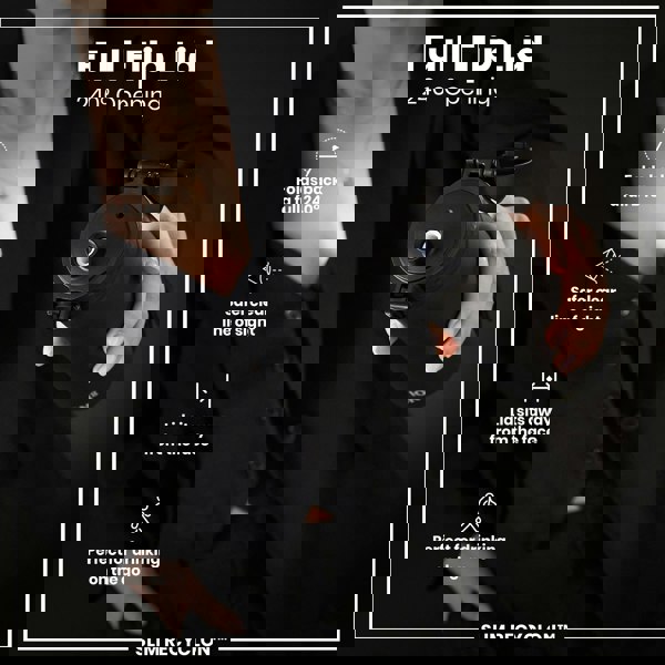 A black water bottle with a full flip lid is held by a person wearing black clothing. The lid opens 240 degrees, sits away from the face, and provides a clear line of sight. It is advertised as perfect for on-the-go drinking. SLIM RECYCLON™